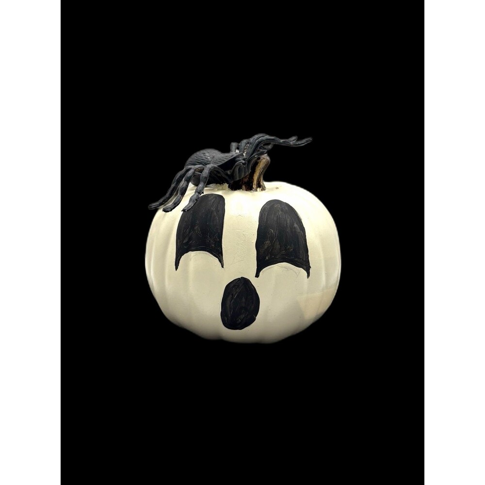 Handcrafted White/ Black Painted Halloween Jack A Lantern With Spider